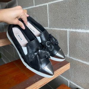 COPY - Miu Miu Black Leather Bow Cap Toe Slip On Sneaker